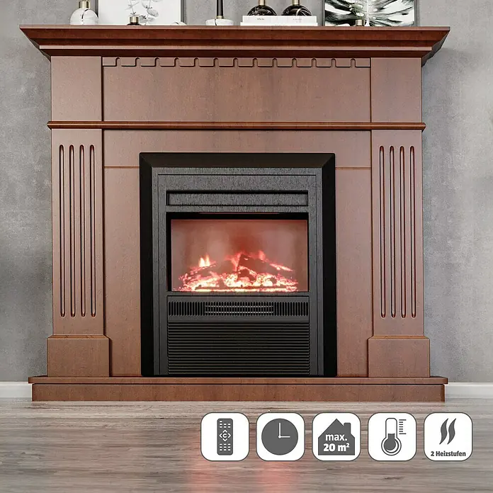 Voltomat HEATING Elektrischer Kamin - 2.000 W, Braun/Schwarz, 26 x 109 x 110 cm - Produktansicht eines Kamins mit Holzrahmen. Ein stilvoller Kamin, der Wärme und Ambiente in jeden Raum bringt.