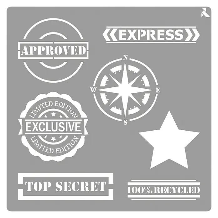 La Pajarita Plantilla decorativa Stencil Stamps - Sellos, 20 x 20 cm, Plástico - Imagen de una plantilla con varios símbolos y textos como "Approved", "Express", brújula, estrella y "100% Recycled".