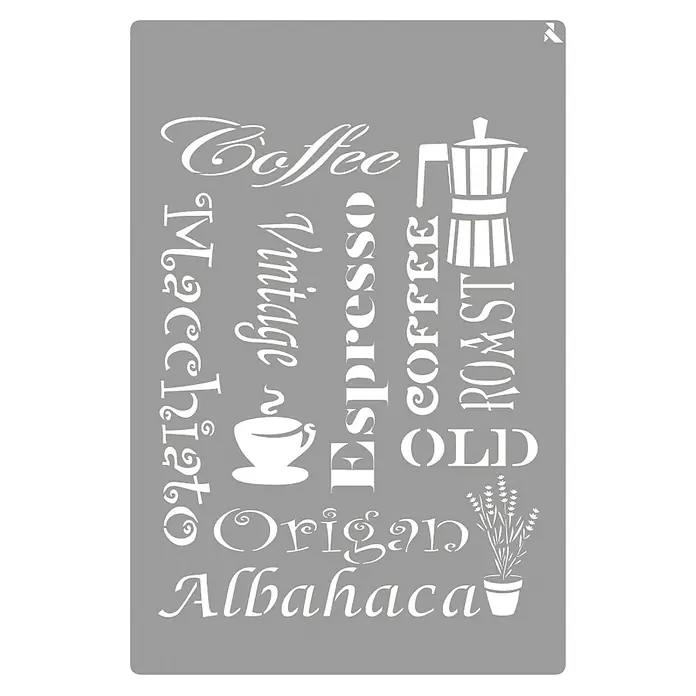La Pajarita Plantilla decorativa Stencil Kitchen - Elementos de cocina, 20 x 30 cm, Plástico - Plantilla de café con las palabras café, espresso, macchiato, vintage, tostado, orégano, albahaca y una cafetera.