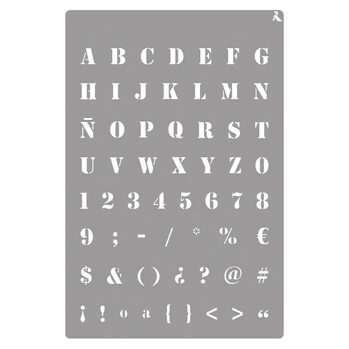 La Pajarita Plantilla decorativa Stencil Alphabet - Alfabeto y números, 20 x 30 cm, Plástico - Plantilla gris con alfabeto blanco, números y símbolos en letra de palo, ideal para proyectos creativos y rotulación.
