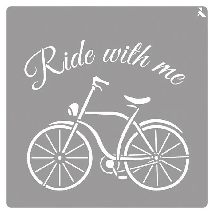 La Pajarita Plantilla decorativa Stencil Ride - Bicicleta, 20 x 20 cm, Plástico - Esténcil de bicicleta con la inscripción "Ride with me", ideal para proyectos creativos y decoraciones DIY. Decora tu hogar con este diseño elegante.