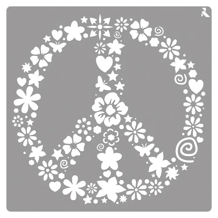 La Pajarita Plantilla decorativa Stencil Peace - Símbolo de paz, 20 x 20 cm, Plástico - Plantilla de signo de la paz con flores, corazones y estrellas. Ideal para proyectos de arte y manualidades que transmiten paz y amor.