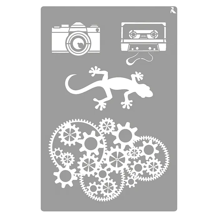 La Pajarita Plantilla decorativa Stencil Indie - Elementos decorativos, 20 x 30 cm, Plástico - Un estencil creativo con cámara, cassette, gecko y engranajes para proyectos de bricolaje y personalización de superficies.