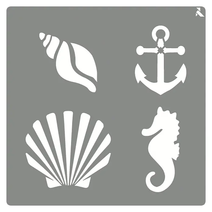La Pajarita Plantilla decorativa Stencil Sea - Concha/Anclaje/Caballo de mar, 20 x 20 cm, Plástico - Plantilla marítima con motivos de concha, ancla, vieira y caballito de mar para proyectos creativos y decoraciones.