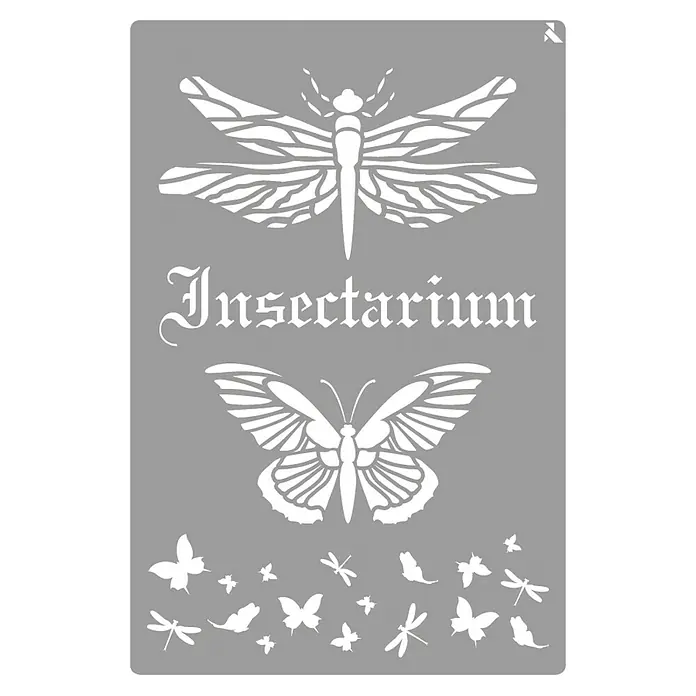 La Pajarita Plantilla decorativa Stencil Insectarium - Insectos, 20 x 30 cm, Plástico - Plantilla de Insectarium con libélula, mariposa y la palabra "Insectarium", ideal para proyectos de artesanía y decoraciones temáticas de insectos.