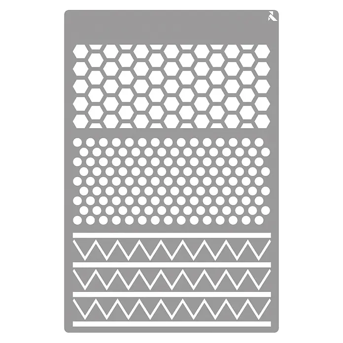 La Pajarita Plantilla decorativa Stencil Textures - Figuras geométricas, 20 x 30 cm, Plástico - Plantilla gris con tres patrones: hexágonos, puntos y líneas en zigzag, ideal para proyectos creativos y decoraciones.