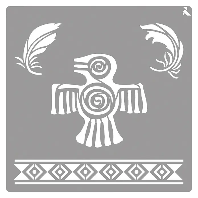 La Pajarita Plantilla decorativa Stencil Maya - Elementos mayas, 20 x 20 cm, Plástico - Plantilla para aerografía, artes y manualidades con un pájaro estilizado, plumas y un patrón de borde geométrico.