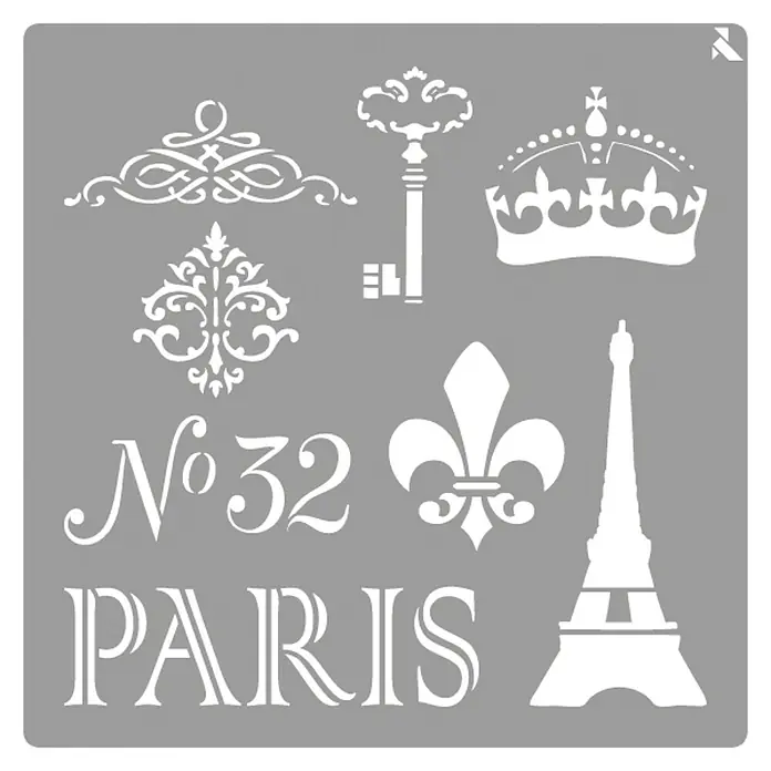 La Pajarita Plantilla decorativa Stencil Paris - París, 20 x 20 cm, Plástico - Esténcil de pared gris con motivos blancos: corona, llave, lirio, Torre Eiffel, ornamento y la inscripción "París No.32".