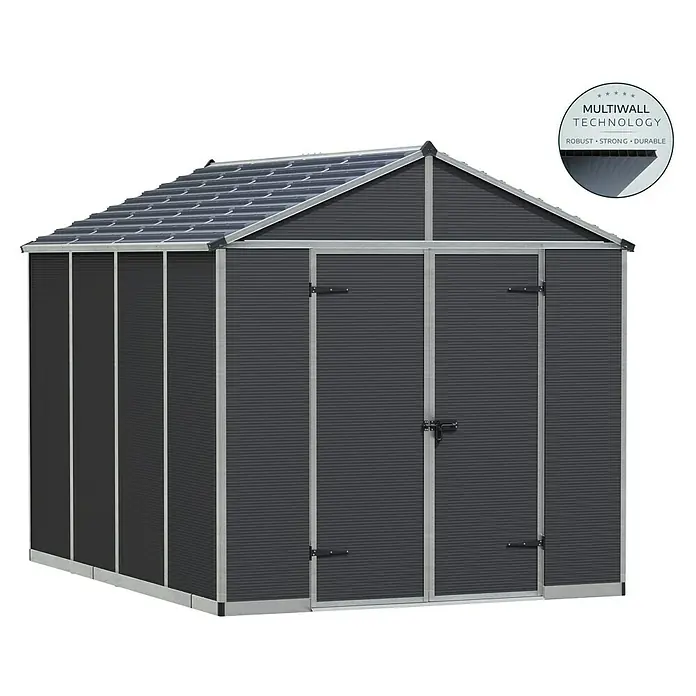 Palram – Canopia Gartenhaus Rubicon - Außenmaß inkl. Dachüberstand (B x T): 237,1 x 3,03 m, Kunststoff, Grau - Das moderne Gartenhaus mit Multimembrantechnologie bietet Robustheit, Stärke und Langlebigkeit für alle Ihre Gartengeräte.