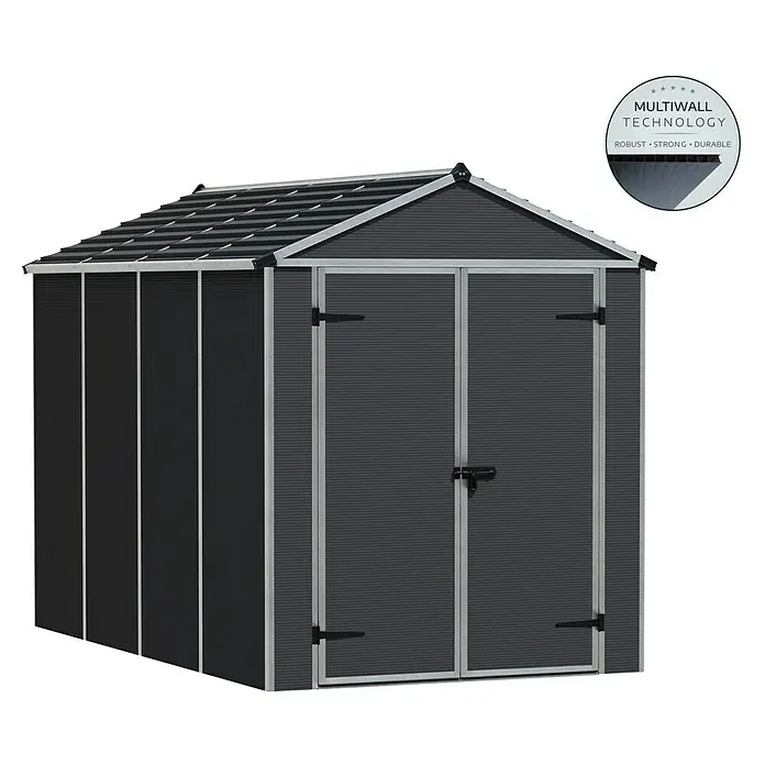 Palram – Canopia Caseta de jardín Rubicon - Medidas ext. (An x Pr): 1,85 x 3,03 m, Plástico, Gris - Cobertizo de jardín espacioso con tecnología Multiwall para una construcción robusta y duradera, ideal para el almacenamiento exterior.