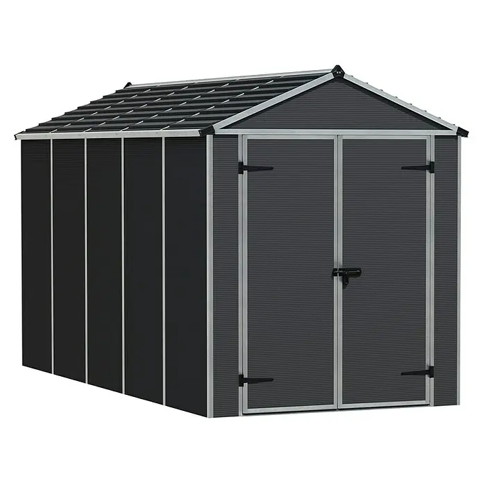 Palram – Canopia Gartenhaus Rubicon - Außenmaß inkl. Dachüberstand (B x T): 1,85 x 3,78 m, Kunststoff, Grau - Abbildung eines dunkelgrauen Gartenhauses mit Doppeltür und Satteldach, ideal für die Gartenaufbewahrung und Werkzeuge.