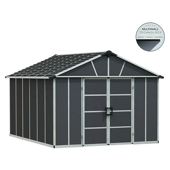 Palram – Canopia Caseta para jardín Yukon - Medidas ext. (An x Pr): 332 x 393 cm, Plástico, Antracita/Plata, Sin suelo - Imagen de un cobertizo de jardín con tecnología multiwall, robusto, fuerte y duradero. Proporciona un amplio espacio de almacenamiento para herramientas.