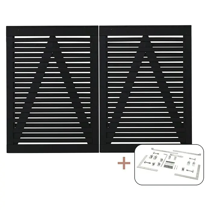 Plus Zauntor Osaka - 200 x 136 cm, Schwarz RAL 9005, Holz, Mit Beschlägen - Schwarzes Tor-Set mit horizontalen Lamellen und Montagezubehör, ideal für Garten und Hof.