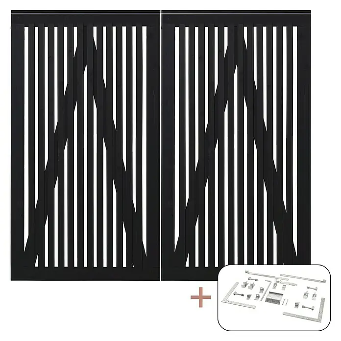 Plus Zauntor Sendai - 200 x 180 cm, Schwarz RAL 9005, Holz, Mit Beschlägen - Abgebildet ist ein schwarzes Gartentor-Set mit Beschlägen. Ideal zur stilvollen Abgrenzung des Gartens. Robuste Bauweise garantiert Langlebigkeit.