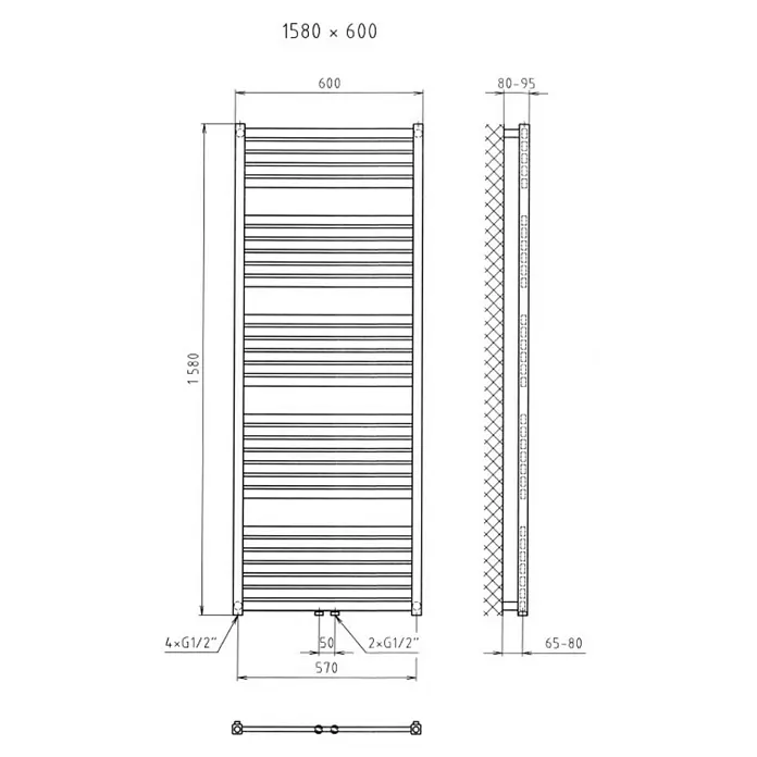 Admiral Badheizkörper Sevilla - B x H: 600 x 1.580 mm, Wärmeleistung bei Vorlauftemperatur von 75 °C (D: 50): 847 W, Weiß - Abbildung eines Heizkörpers mit den Maßen 1580 x 600 mm, inklusive Detailzeichnungen der Anschlüsse und Abstände.