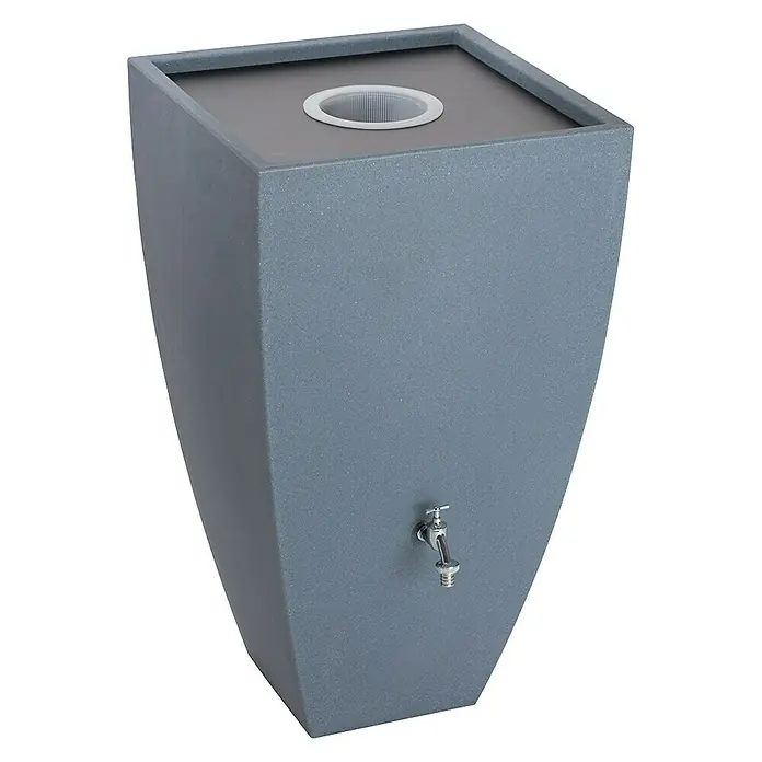 Arves Regenspeicher Modena - 200 l, Betongrau - Graue Regentonnen-Säule mit Wasserhahn und einem Sieb oben, ideal zum Sammeln von Regenwasser im Garten.