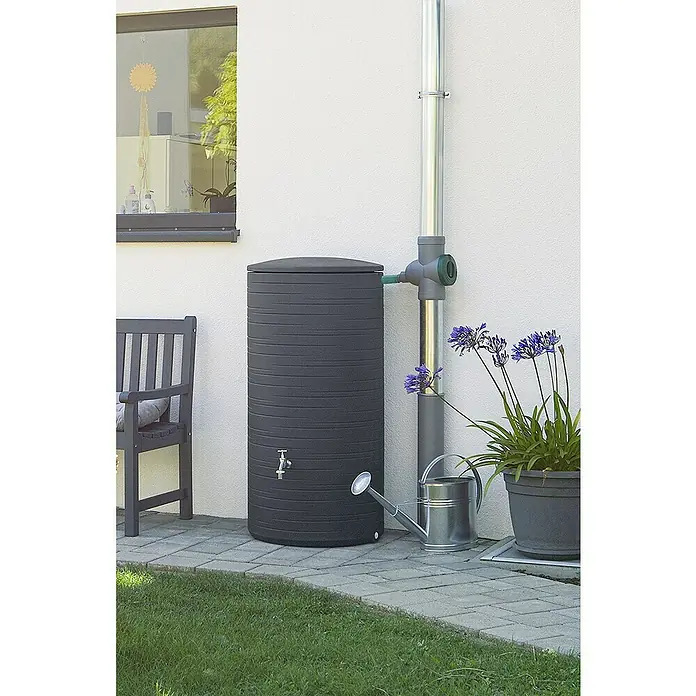 Arves Regenspeicher Novara - 280 l, Anthrazit - Regenwassertank aus Kunststoff mit Wasserhahn und Gießkanne. Die ideale Lösung zur Gartenbewässerung und Wassereinsparung.