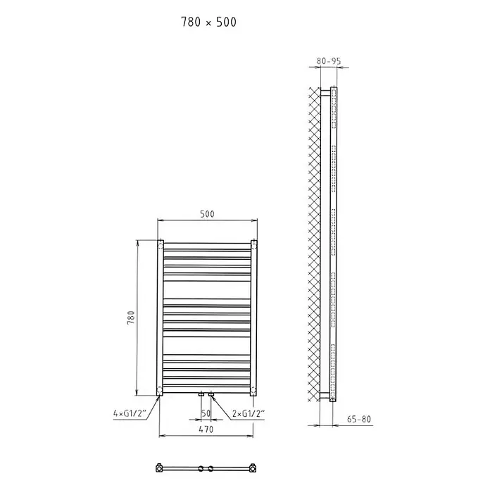 Admiral Badheizkörper Sevilla - B x H: 500 x 780 mm, Wärmeleistung bei Vorlauftemperatur von 75 °C (D: 50): 361 W, Weiß - Technische Zeichnung eines Handtuchwärmers mit Maßangaben für Installation und Abmessungen.