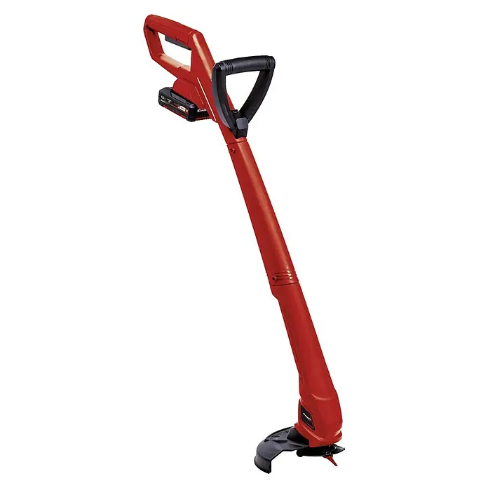 Einhell Power X-Change 18V Akku-Rasentrimmer GC-CT 18/24 Li P - 18 V, 1,5 Ah, Li-Ionen, 1 Akku - Roter Einhell Akku-Rasentrimmer mit schwarzem Griff und Akku. Das Gerät ist ideal für präzise Rasenkanten und schwer zugängliche Stellen im Garten.
