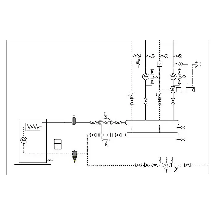 Caleffi Schlammabschneider Dirtmag - 1″, Schwarz - Rohrleitungs- und Instrumentierungsdiagramm eines Prozessflüssigkeitssystems mit Wärmetauschern, Pumpen und Steuerungen.