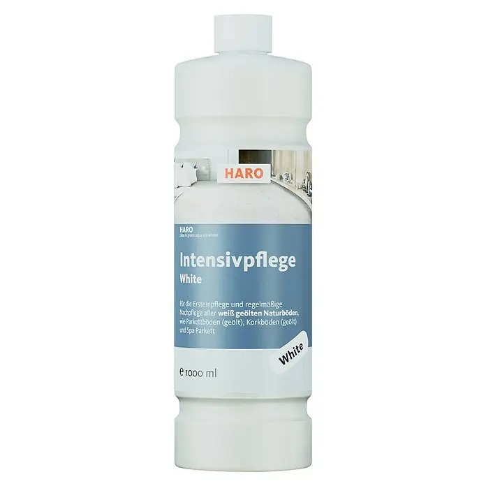 Haro Parkettpflege Clean & Green aqua oil white - 1.000 ml, Geeignet für: Geöltes Parkett - Flasche HARO Intensivpflege White, zur Erst- und Nachpflege von weiß geölten Naturböden wie Parkett, Kork und Spa Parkett, mit einem Inhalt von 1000 ml.