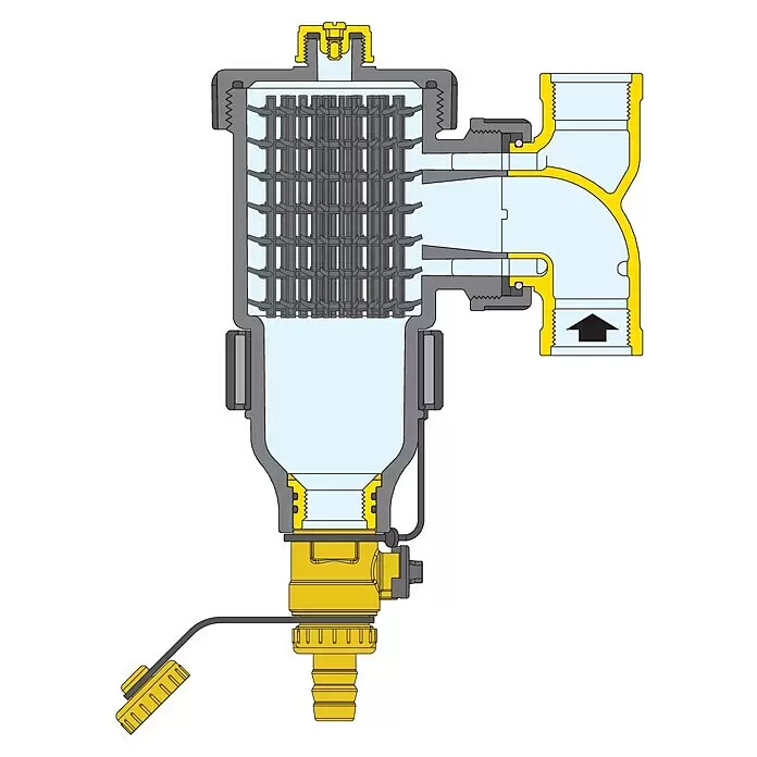 Caleffi Schlammabschneider Dirtmag - 1″, Schwarz - Schnittzeichnung eines grauen Wasserfilters mit innenliegender Filterpatrone, gelbem Ablassventil und Pfeil für den Wassereintritt.