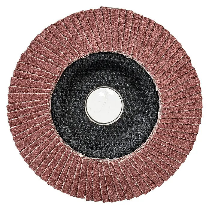 Bosch Fächerscheibe X431 Standard for Metal - Durchmesser Scheibe: 125 mm, Körnung: 60 - Nahaufnahme einer Schleifscheibe mit roten Lamellen und schwarzem Träger.