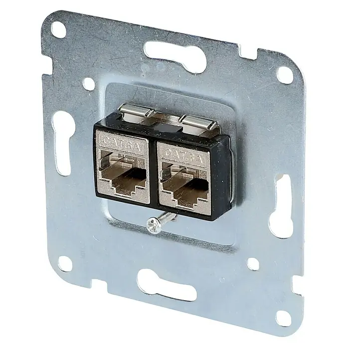 UAE-Datendose CAT 6 - 2-fach, Unterputzmontage - Eine Wandplatte mit zwei CAT6A-Anschlüssen, die mit einer Schraube befestigt ist. Ideal für Netzwerklösungen.