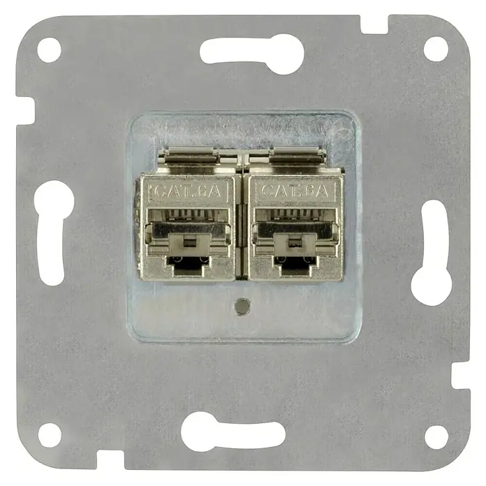 UAE-Datendose CAT 6 - 2-fach, Unterputzmontage - Nahaufnahme einer Doppel-CAT6A-Netzwerkdose auf einer silbernen Metallplatte, ideal für strukturierte Verkabelung in Gebäuden.