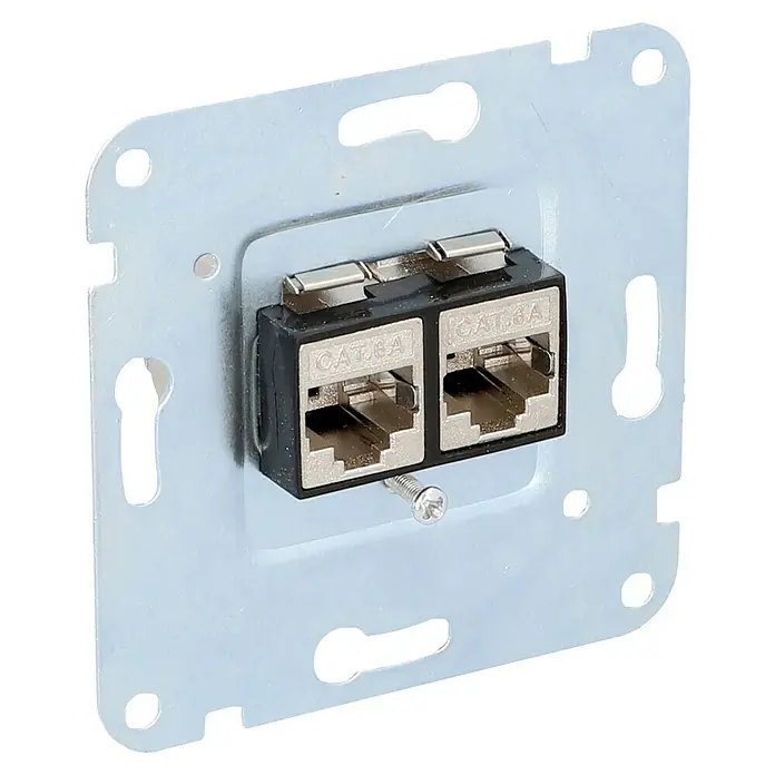 UAE-Datendose CAT 6 - 2-fach, Unterputzmontage - Nahaufnahme eines Cat.6A-Doppel-Netzwerkanschlusses auf einer Montageplatte.