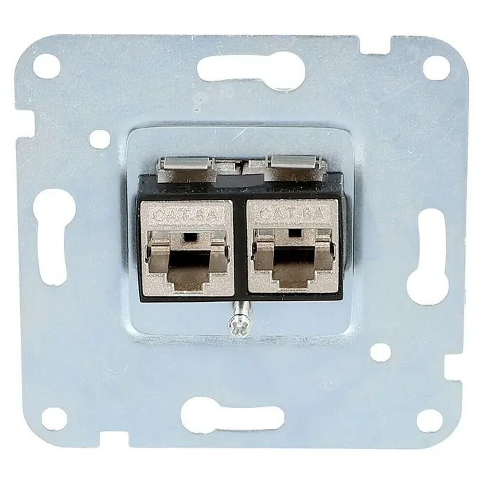 UAE-Datendose CAT 6 - 2-fach, Unterputzmontage - Nahaufnahme einer Doppel-CAT6A-Netzwerkdose mit Metallrahmen, ideal für schnelle und zuverlässige Datenübertragung in Büros oder zu Hause.