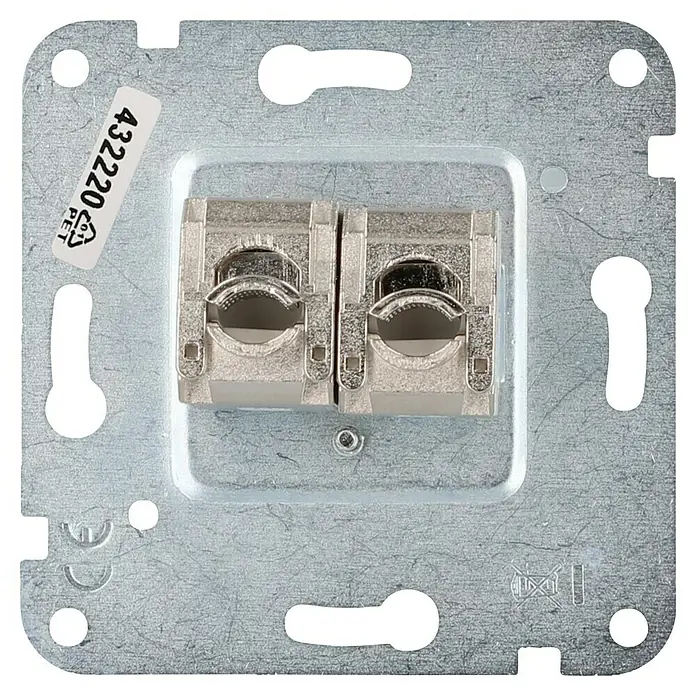 UAE-Datendose CAT 6 - 2-fach, Unterputzmontage - Nahaufnahme einer Doppel-RJ45-Buchse mit Metallrahmen zur Wandmontage.