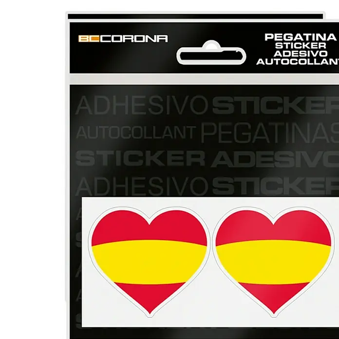Etiqueta adhesiva Corazón España - Bandera - Hoja de adhesivos con dos adhesivos de bandera española en forma de corazón, ideal para cualquier aficionado a España.