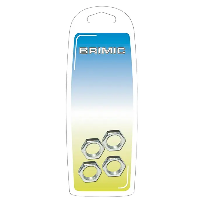 Micel Brimic Tuerca TRC9 - M 10, Acero, 4 ud. - Un paquete de tuercas Brimic con 4 tuercas hexagonales en un embalaje transparente con un degradado azul y amarillo.