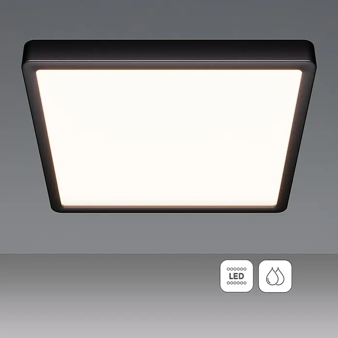 Eglo Fueva 5 LED-Deckenleuchte IP44 - 20 W, L x B x H: 28,5 x 28,5 x 2,8 cm, Schwarz, Weiß, Warmweiß - Nahaufnahme einer quadratischen LED-Deckenleuchte mit schwarzem Rahmen und hellem, diffusem Licht für Innenräume.