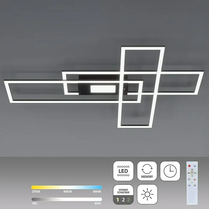 Just Light LED-Deckenleuchte Asmin - 50 W, 99,2 x 69,4 cm, Schwarz, Mehrfarbig - Moderne LED-Deckenleuchte mit geometrischem Design und Fernbedienung zur Steuerung von Helligkeit und Farbtemperatur.