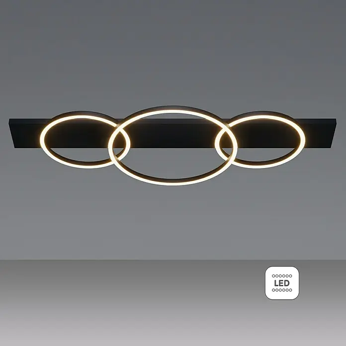 Eglo Boyal LED-Deckenleuchte - 12 W, 101 x 40 x 9,5 cm, Schwarz/Nickel-matt, Warmweiß, Anzahl Leuchtmittel: 3 Stk. - Moderne Deckenleuchte mit drei LED-Ringen auf einer schwarzen Platte, die ein stilvolles und helles Ambiente schafft.