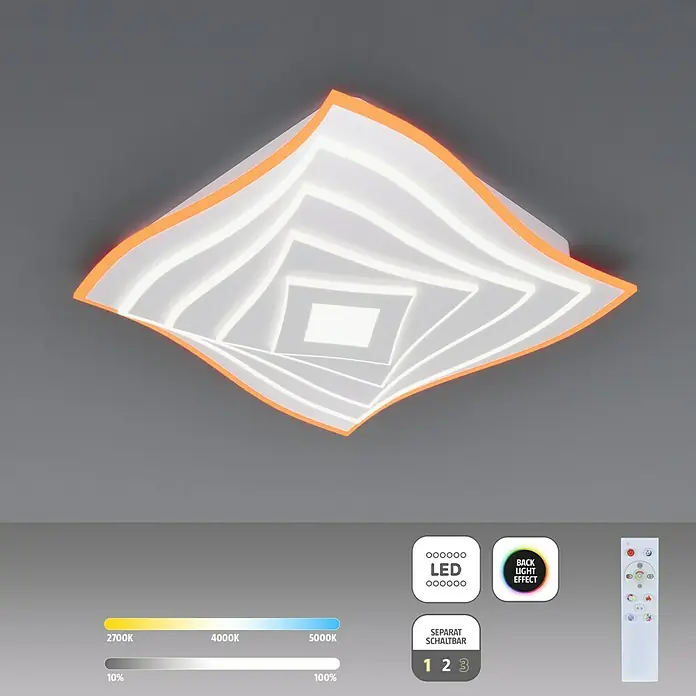 Fischer & Honsel LED-Deckenleuchte Hero - 50 W, L x B x H: 50 x 50 x 7,6 cm, Weiß, Mehrfarbig - Eine moderne LED-Deckenleuchte mit orangefarbenem Rand und verschiedenen Lichteffekten.