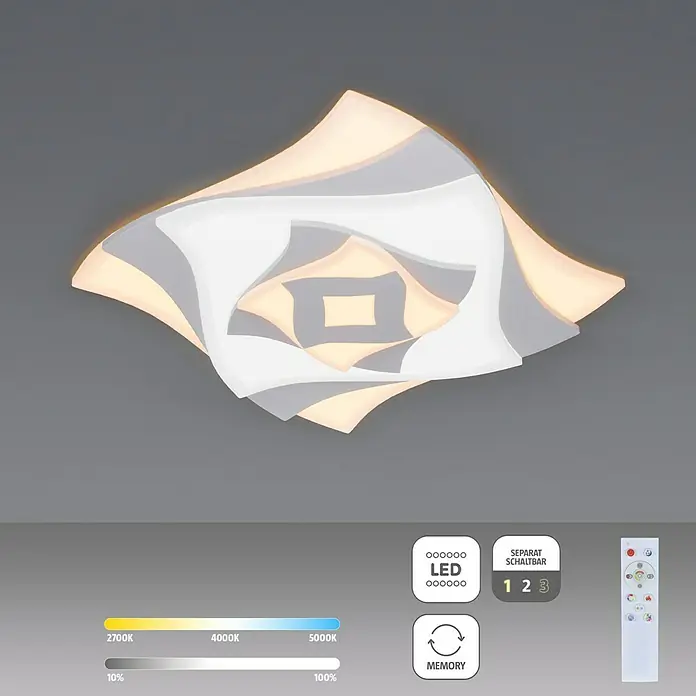 Trio Leuchten LED-Deckenleuchte AKITA - 56 W, L x B x H: 48 x 48 x 5,5 cm, Weiß-matt, Mehrfarbig - Deckenleuchte mit modernem Design und LED-Technologie. Die Lampe ist dimmbar und verfügt über eine Memory-Funktion für individuelle Einstellungen.