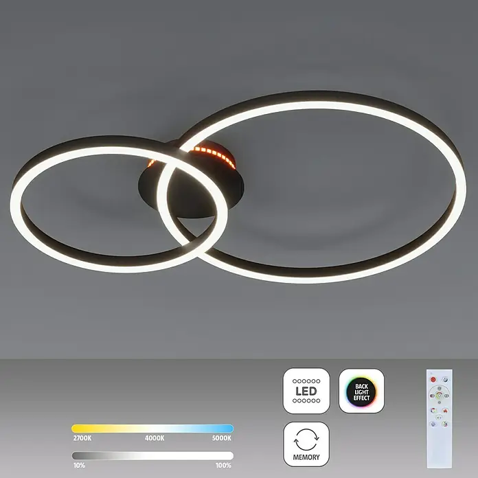 Eglo LED-Deckenleuchte PALMAVES 3 - 12 W, L x B x H: 55 x 39 x 8,9 cm, Schwarz, RGBW - Elegante LED-Deckenleuchte mit zwei Ringen und Fernbedienung zur Anpassung von Lichtfarbe und Helligkeit. Modernes Design für stilvolle Beleuchtung.