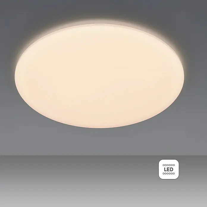 Eglo LED-Deckenleuchte rund POGLIOLA - 36 W, Ø x H: 50 x 8 cm, Weiß, Warmweiß - Nahaufnahme einer runden LED-Deckenleuchte, die ein weiches, warmes Licht ausstrahlt und eine moderne Beleuchtungslösung darstellt.