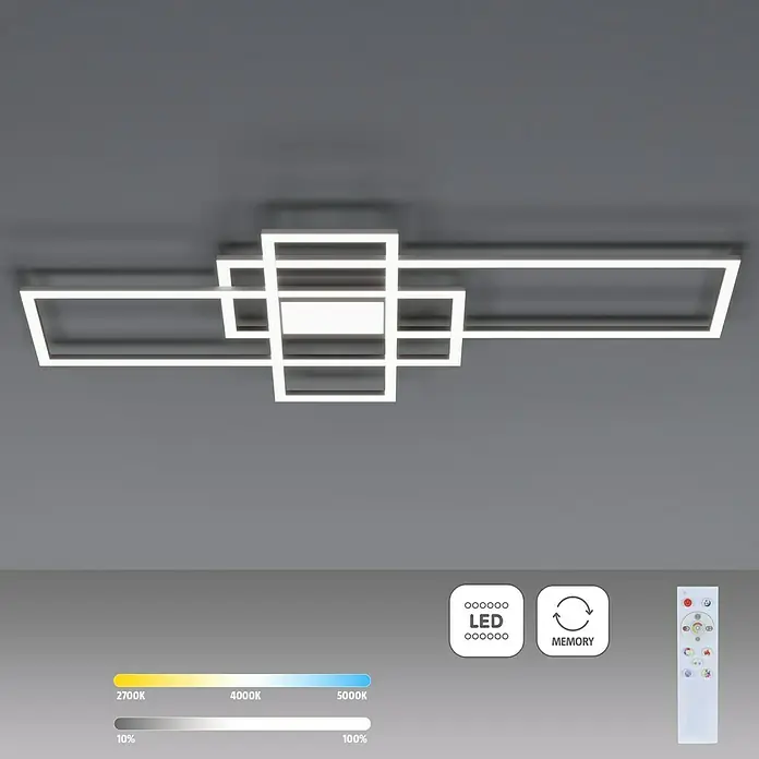 Trio Leuchten LED-Deckenleuchte Irvine - 60 W, L x B x H: 6,5 x 105 x 42 cm, Nickel matt - Deckenleuchte mit LED Technologie. Die geometrische Form macht diese Lampe zu einem echten Hingucker. Inklusive Fernbedienung.