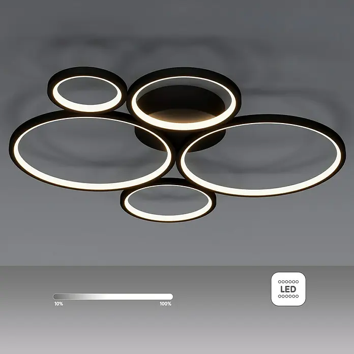 Trio Leuchten Rondo LED-Deckenleuchte - 49 W, L x B x H: 53 x 59 x 5,5 cm, Schwarz, Warmweiß - Moderne Deckenleuchte mit LED-Ringen in Schwarz und Weiß. Elegantes Design für stilvolle Beleuchtung im Raum.