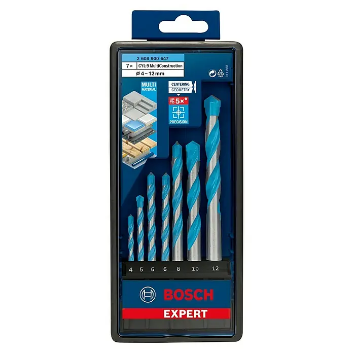 Bosch Expert Universalbohrer CYL-9 - Durchmesser Bohrer: 87,5 mm - Ein 7-teiliges Bosch Expert CYL-9 MultiConstruction Bohrerset (4-12 mm) in einer schwarzen Kunststoffbox mit blauem Aufdruck.
