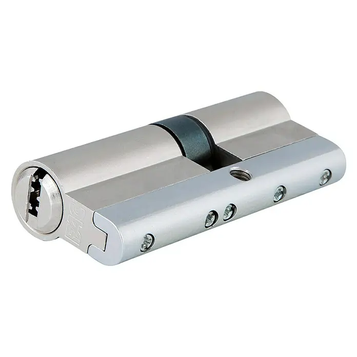 FAC Cilindro de perfil níquel satinado - Longitud total interior: 30 mm, Longitud total exterior: 50 mm, Número de llaves: 5 ud. - Un cilindro doble plateado con un anillo negro en el centro, ideal para puertas de seguridad.