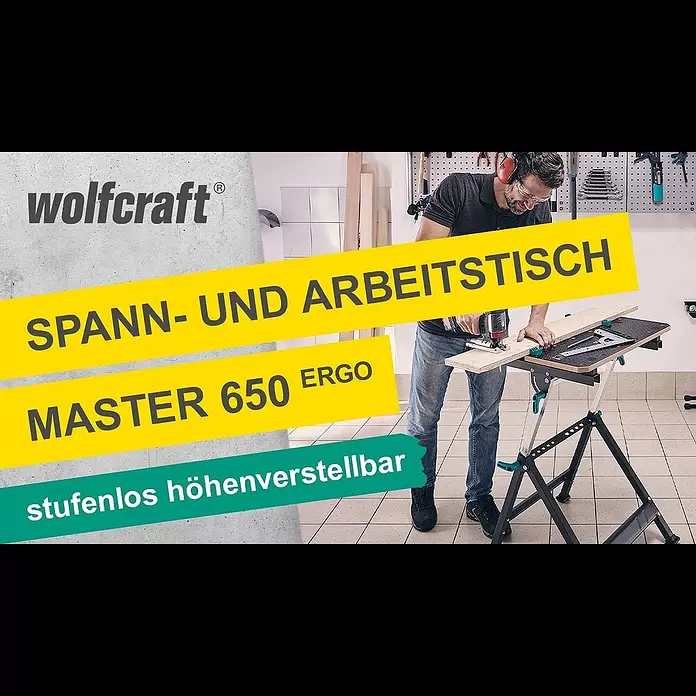 Wolfcraft Master Werkbank - L x B: 720 x 650 mm, Arbeitshöhe: 950 mm, Belastbarkeit: 120 kg - MASTER 650 Ergo: Der hhenverstellbare Spann- und Arbeitstisch | wolfcraft