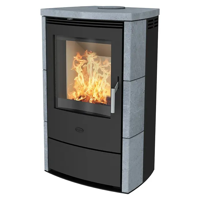 Fireplace Kaminofen Meltemi - 8,4 kW, Raumheizvermögen: 126 m³, Material Verkleidung: Speckstein, Schwarz - Moderne Kaminofen-Ansicht mit simulierten Flammen, die ein gemütliches Ambiente für den Betrachter schaffen.