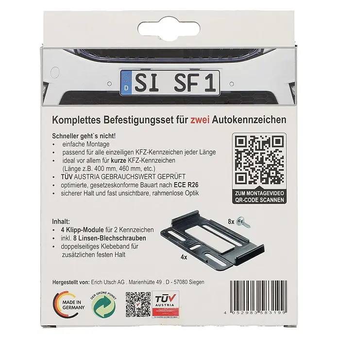 SimpleFix Kennzeichenhalter - Schwarz - Bild einer Komplettsatz zur Befestigung von zwei Autokennzeichen mit Zubehör.