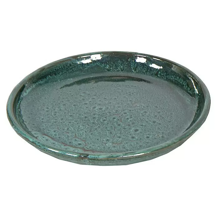 Mega Collections Blumentopf-Untersetzer - Außenmaß (Ø x H): 45 x 5,5 cm, Naturmaterialien, Moss Green - Ovale Keramikplatte mit einzigartiger grün-blauer Reaktivglasur und strukturierter Oberfläche.