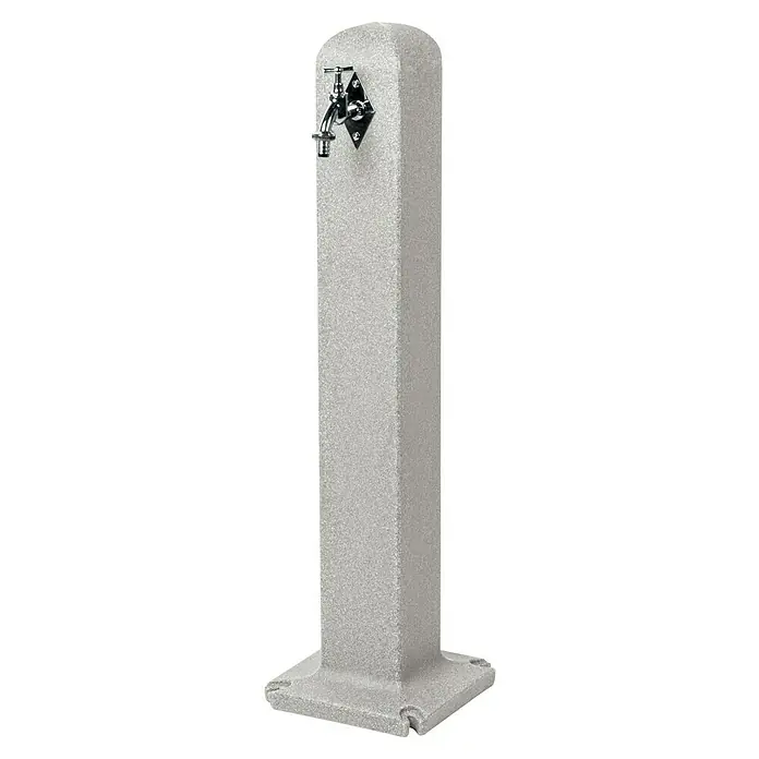 Arves Wasserzapfstelle Poller - Granitfarben, Höhe: 90 cm - Ein grauer, eckiger Gartenwasserhahn mit Chromarmatur und viereckiger Basis. Ideal für den Außenbereich, robust und stilvoll.